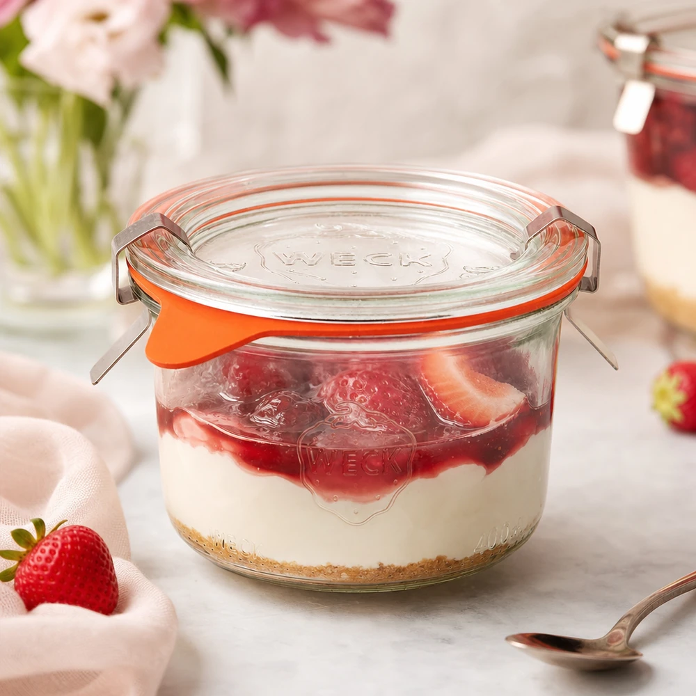 WECK Sturzglas 200ml RR80 mit Erdbeerdessert gefüllt als Portionsglas für Tiramisu und süße Nachspeisen