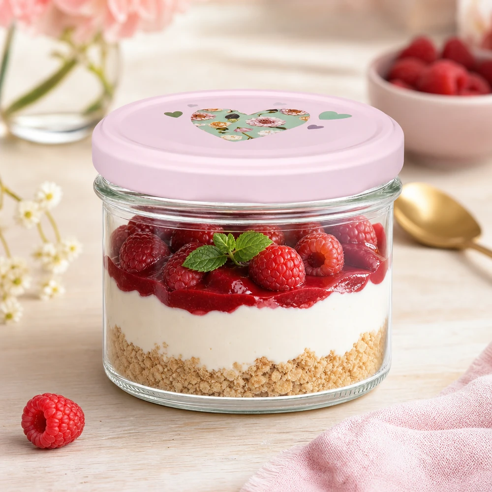 225ml Sturzglas + BasicSeal Deckel Herz rosa UNiTWIST Schichtdessert mit Himbeeren im 225ml Sturzglas mit rosa BasicSeal Herzdeckel als Dessertglas auf Holzbrett
