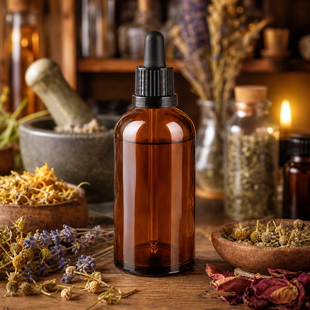 Flacone contagocce da 100 ml in vetro con protezione UV e coperchio nero per rimedi omeopatici