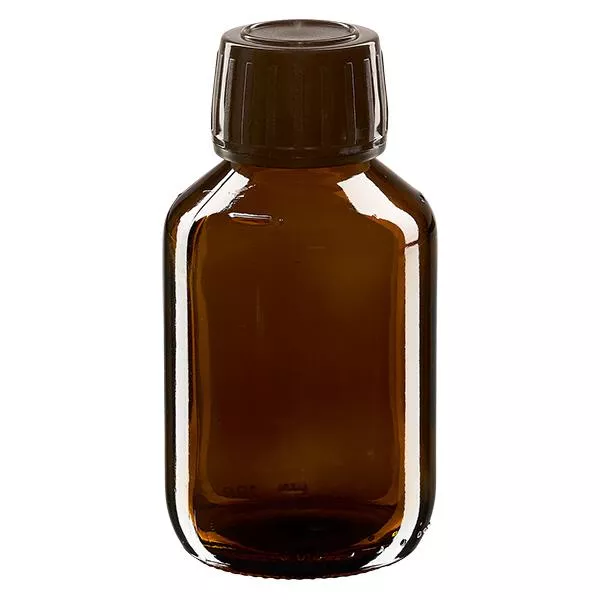 Flacone per medicinali da 100 ml marrone, tappo marrone con chiusura antimanomissione