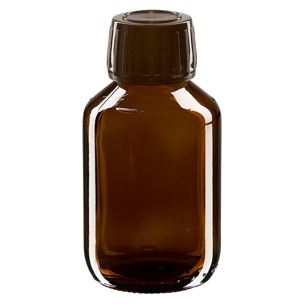 Flacone per medicinali da 100 ml marrone, tappo marrone con chiusura antimanomissione Flacone per medicinali da 100 ml marrone, tappo marrone con chiusura antimanomissione