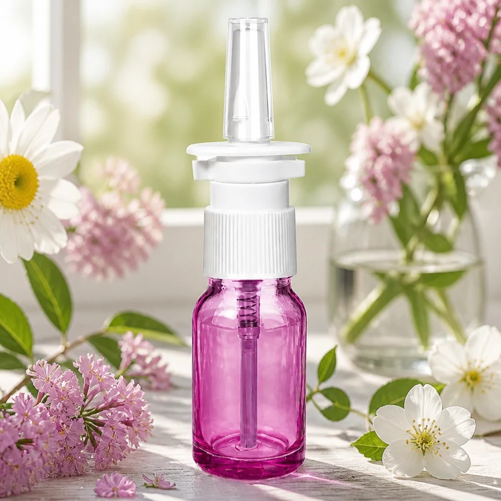 Flacone farmaceutico in vetro da 10 ml con attacco per spray nasale, di colore viola trasparente.