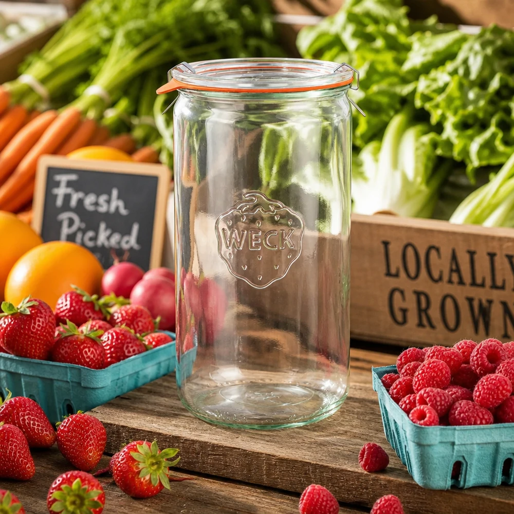 Vaso cilindrico WECK 1590ml RR100 vuoto su tavolo di legno con bacche fresche verdure bancarella di prodotti locali atmosfera