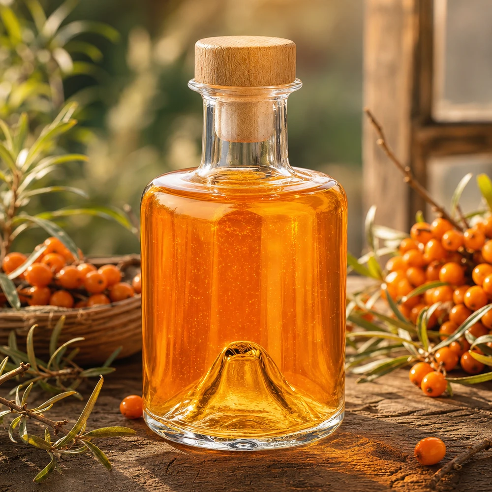 Flacone farmaceutico da 200 ml Sofia con tappo in sughero con impugnatura in legno UNiTWIST® Bottiglia in vetro di Sofia da 200 ml con tappo in legno riempita di olio color arancio accanto a bacche di olivello spinoso su un tavolo in legno