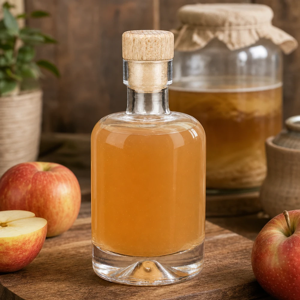 Bottiglia di vetro da 50 ml Amelie riempita di acquavite di mele tra mele fresche e vasetto di miele rustico decorato su tavolo di legno