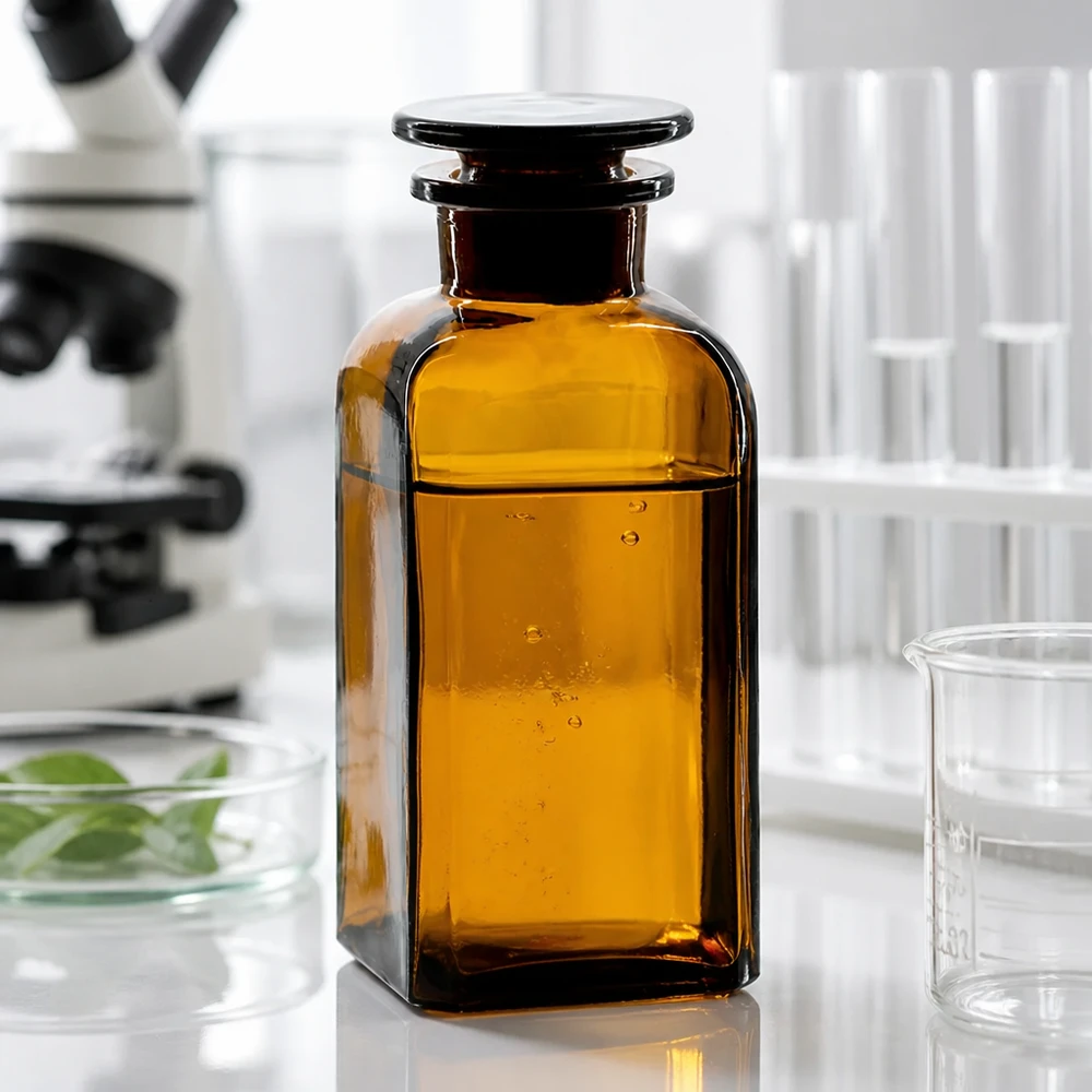 Bottiglia quadrata 350ml marrone con tappo in vetro a collo largo Fiaschetta da laboratorio da 350 ml, marrone, a sezione quadrata, con tappo di vetro, accanto a un microscopio e a provette