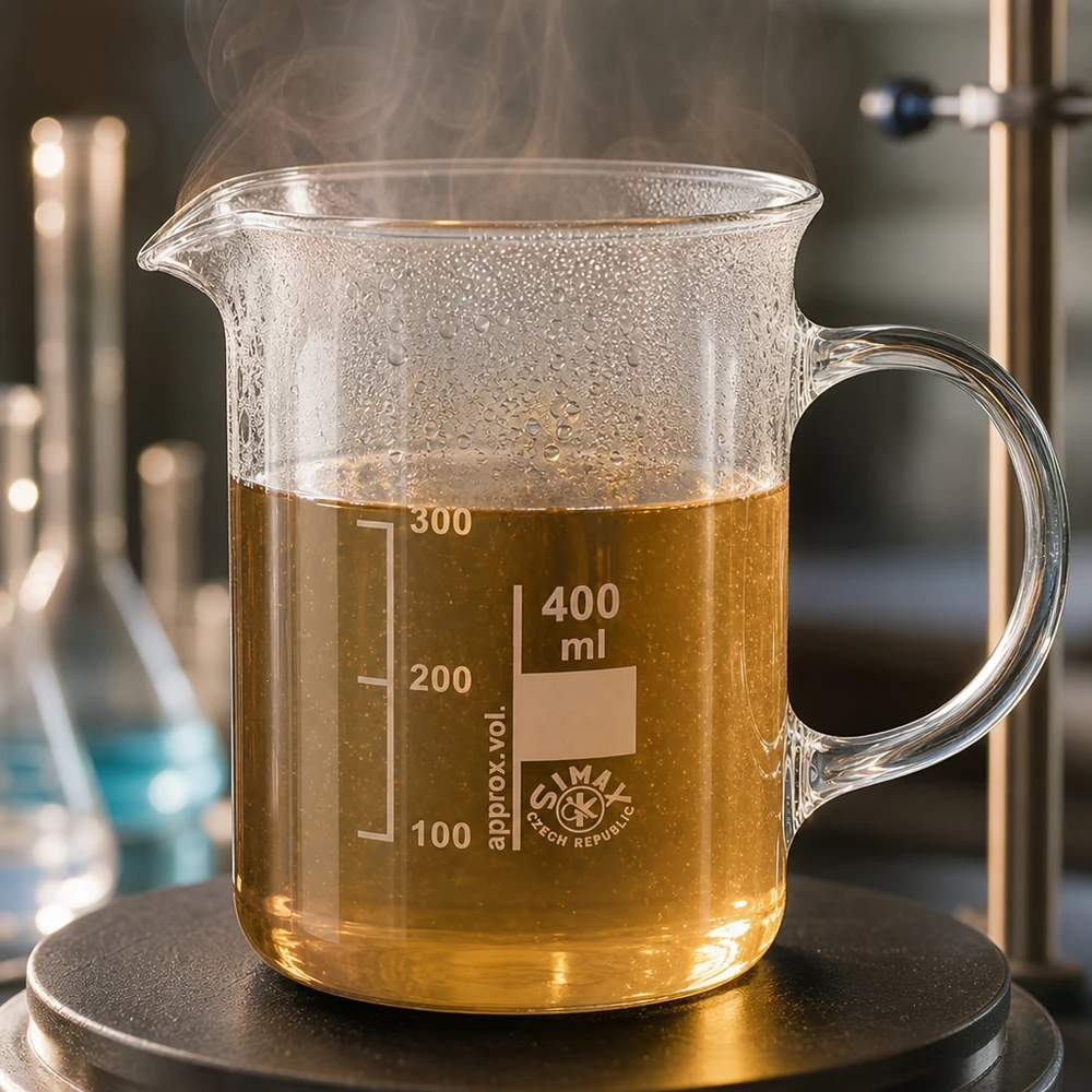 Bicchiere 400ml in vetro borosilicato, con manico Bicchiere di vetro fumante da 400 ml con manico, contenente una soluzione marrone riscaldata su una piastra riscaldante; vetro borosilicato