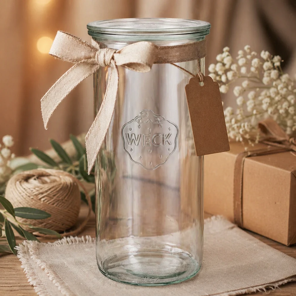 1500ml Sturzglas mit Glasdeckel WECK RR100 WECK Sturzglas 1500ml RR100 als Geschenk dekoriert mit beiger Schleife und Anhänger auf Holz mit Geschenkboxen