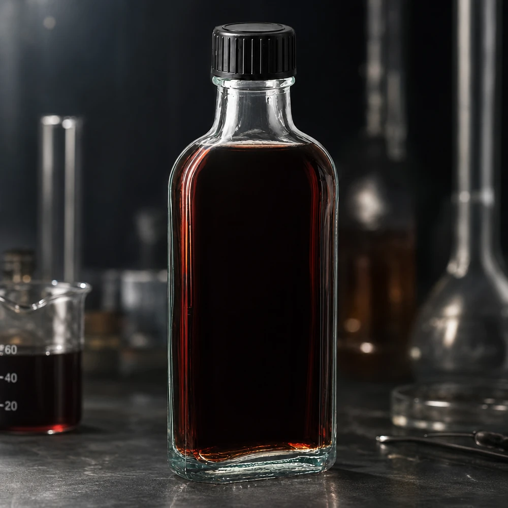 100 ml Meplat klar Schraubverschluss mit EPE-Dichtscheibe Flache Klarglasflasche 100ml mit geripptem schwarzem Schraubdeckel und tief dunkelroter Füllung