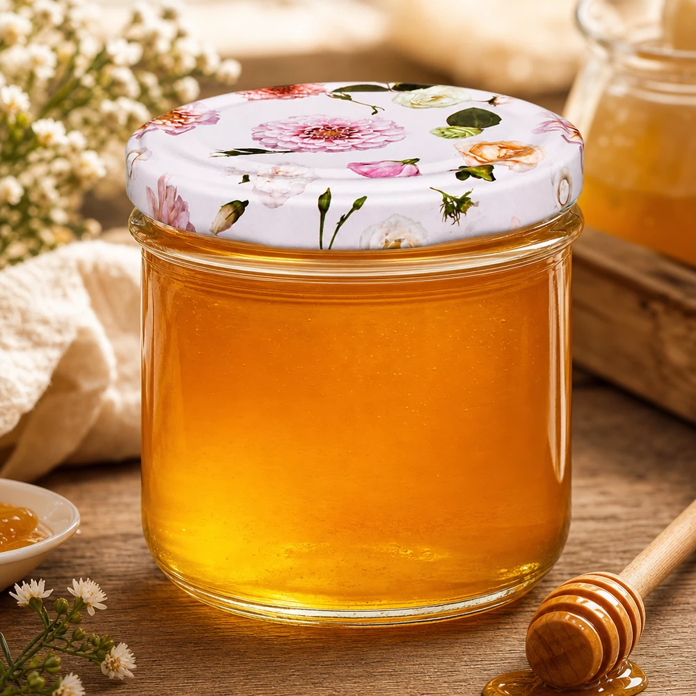 225ml Sturzglas + BasicSeal Deckel Blume rosa UNiTWIST Honig im 225ml Sturzglas mit Blumendeckel und Honiglöffel - Einmachglas für süße Leckereien dekorativ präsentiert