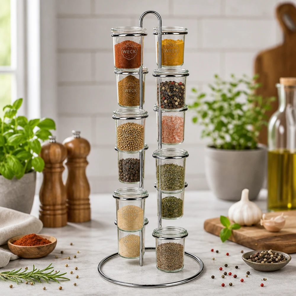 Serviergestell Vertico12 für 12 WECK Sturzgläser Elegante Küchenorganisation mit WECK Vertico12 Gewürzkarussell umgeben von frischen Kräutern und Kochutensilien