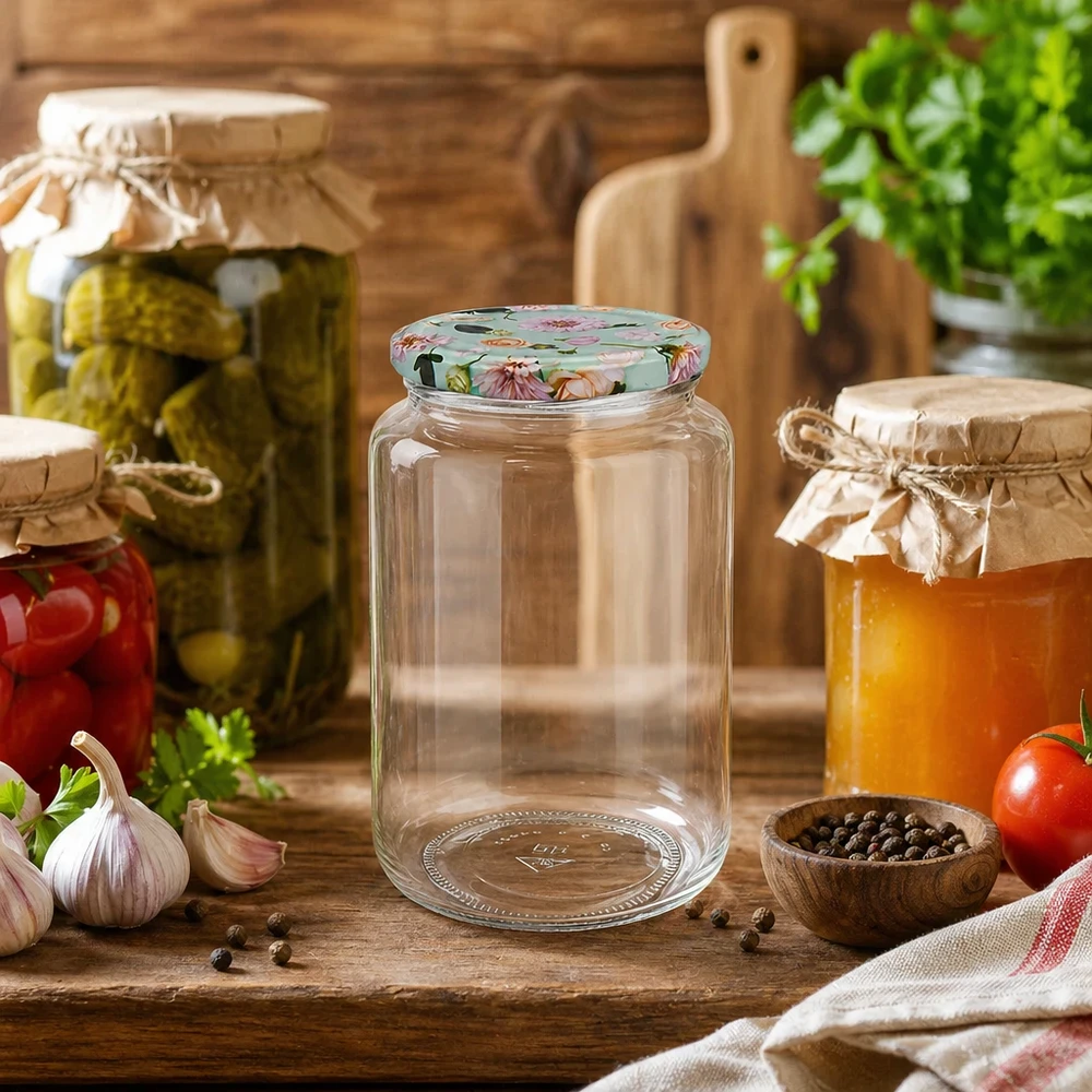 Barattolo rotondo da 795 ml con coperchio a forma di fiore di menta in una cucina rustica, circondato da barattoli per conserve ed erbe fresche
