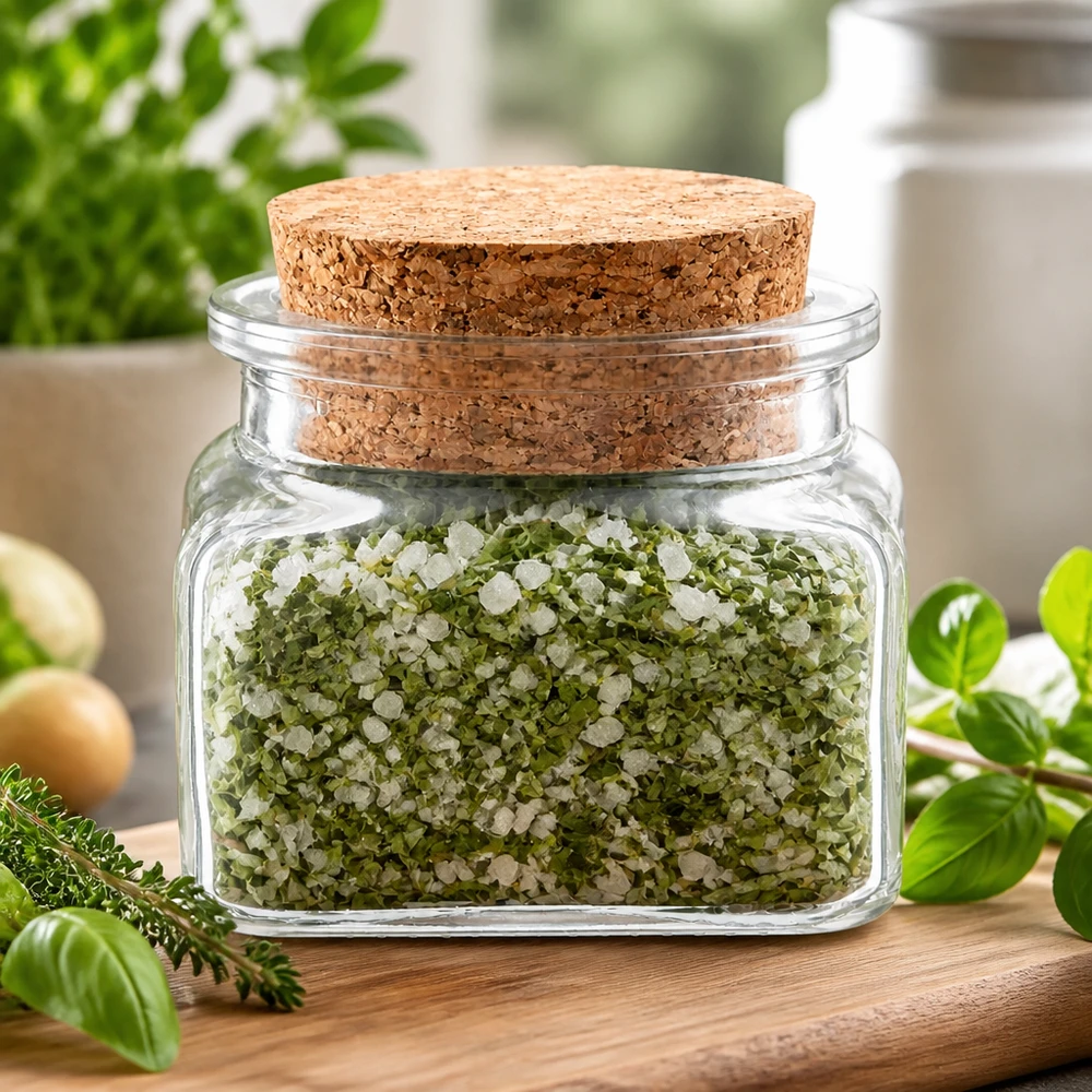 Idea barattolo per spezie: Quadratus 120ml trasparente, apertura 39mm, con tappo di sughero 38 Barattolo per erbe aromatiche Quadratus da 120 ml trasparente con ampio coperchio in sughero su un tagliere in cucina
