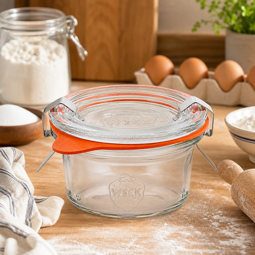 50ml Sturzglas komplett WECK RR60 WECK 50ml Sturzglas RR60 auf Holzarbeitsplatte in Backambiente mit Mehl Eiern und Backzutaten als Küchenszenerie
