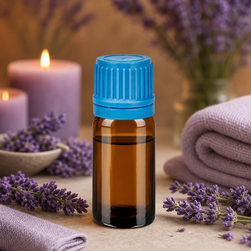 Flacone in vetro ambrato di alta qualità da 5 ml con tappo blu a coste per aromaterapia e benessere