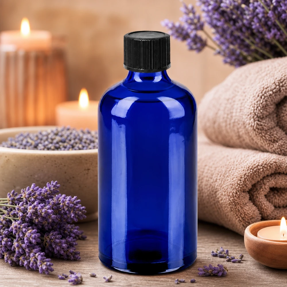100ml Tropfflasche 1mm schwarz Standardverschluss BlueLine UT18/100 UV-Schutz Glasflasche 100ml in dunkelblau mit schwarzem Tropfverschluss für Naturkosmetik