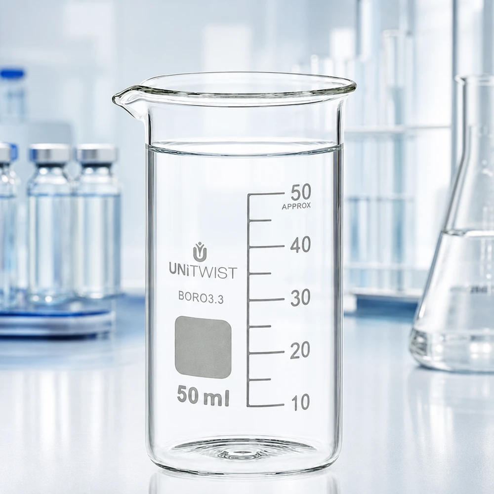 Bicchiere 50ml borosilicato, stampo alto UNITWIST Bicchiere di vetro vuoto da 50 ml, forma alta, borosilicato 3.3 UNITWIST con spazio per l'etichettatura, grigio