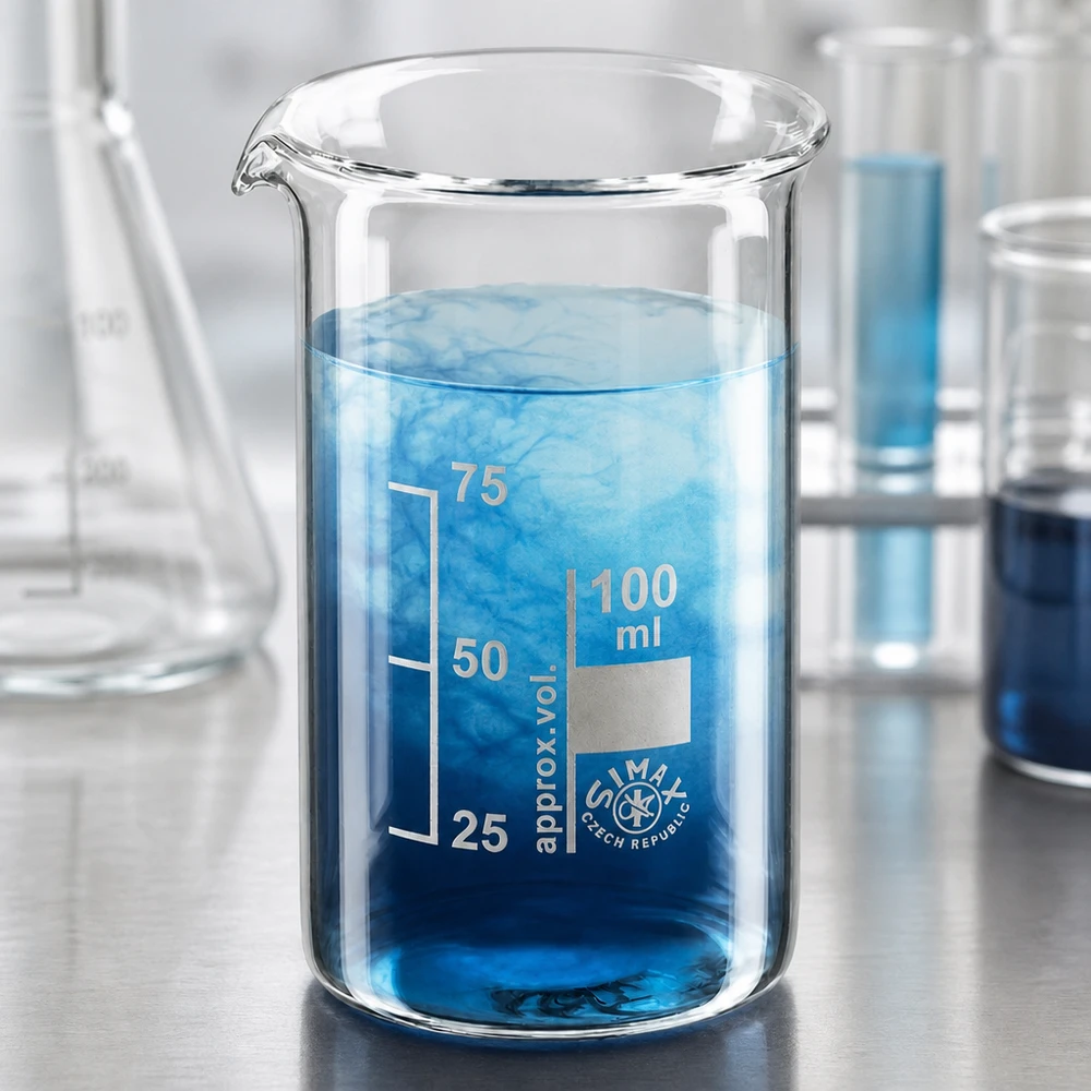 Bicchiere da 100 ml in vetro borosilicato, forma alta Vaso di vetro Simax da 100 ml, forma alta, con soluzione blu e diffusione visibile in laboratorio