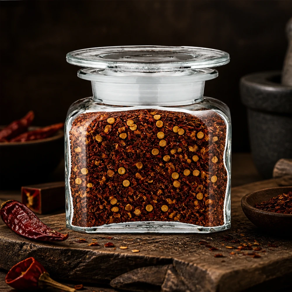 Barattolo per spezie "Idee" da 100 ml a collo largo con fiocchi di peperoncino essiccati e semi, ideale per la conservazione delle scorte