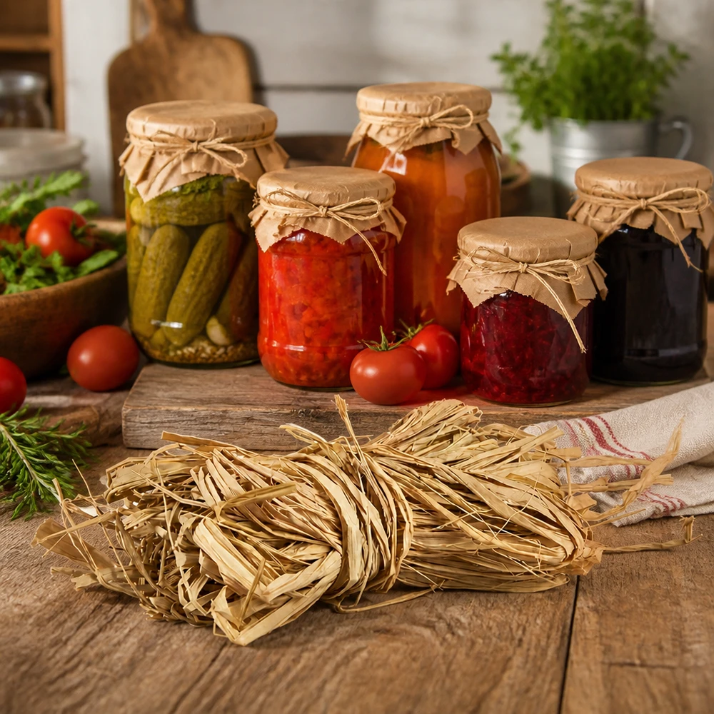 Fibra naturale per decorazioni, 30 g Rafia naturale 30g come guarnizione per vasi da conserva utilizzati nella cucina rustica con alimenti conservati