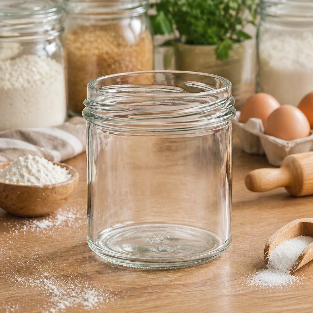 Leeres Sturzglas 167ml TO66 UNiTWIST auf Holztisch mit Küchenutensilien und Zutaten im Hintergrund