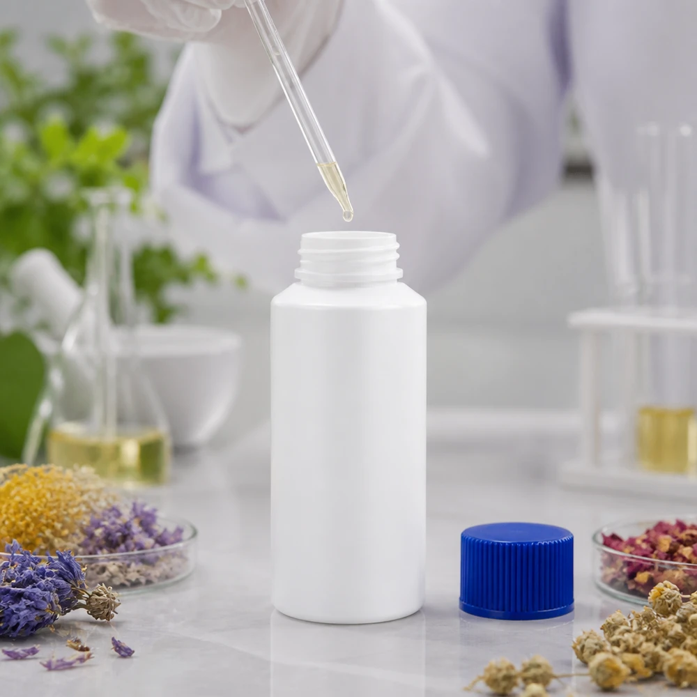 Flacon à pharmacie HDPE 30ml blanc avec bouchon vissable bleu Flacon compact en HDPE de 30 ml, blanc, avec protection UV et bouchon bleu SV, adapté aux huiles essentielles