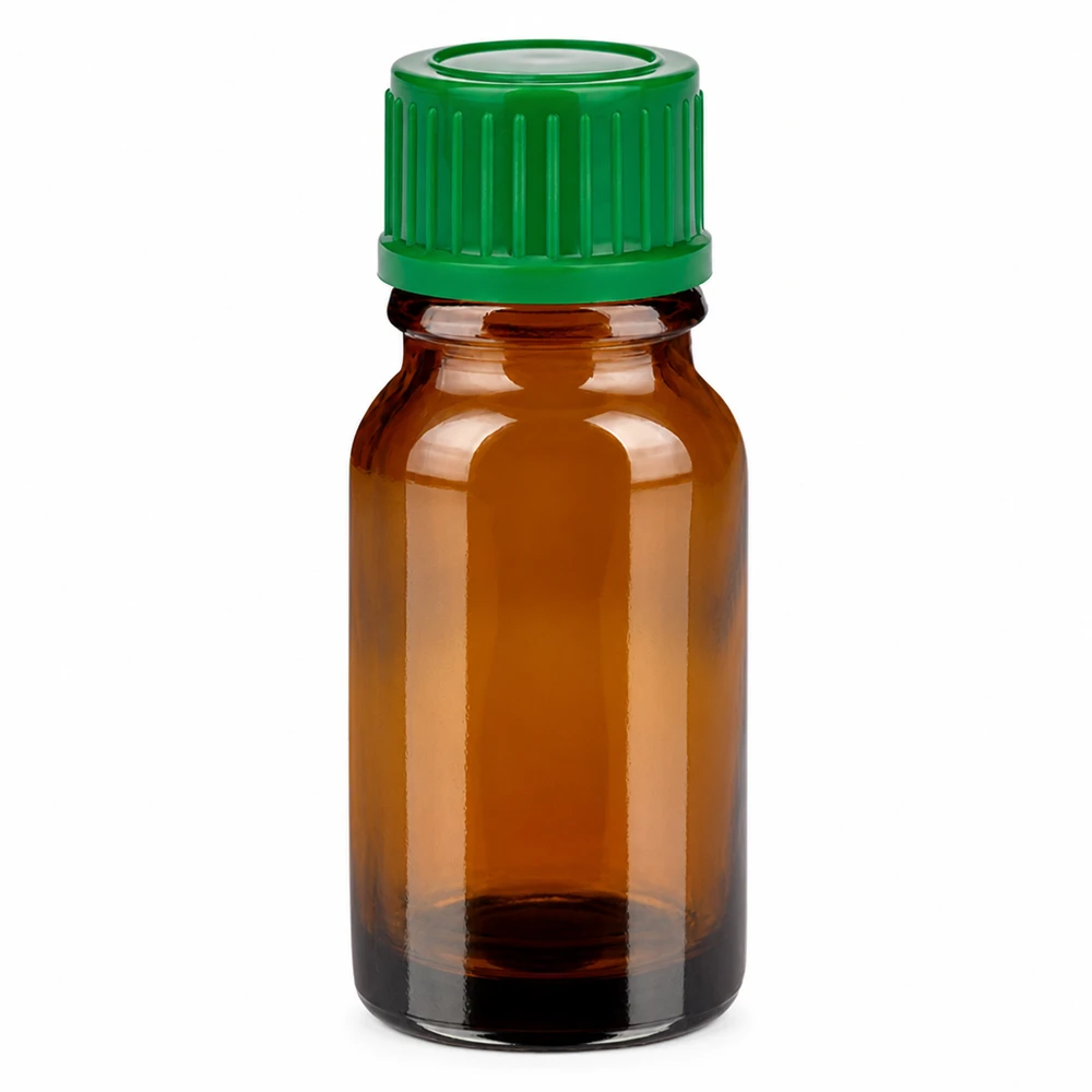 10ml Flasche 11mm Schraubverschluss grün Standard BrownLine UT18/10 Handliche 10ml Glasflasche in Bernsteinfarben mit grünem Schraubdeckel für Essenzen