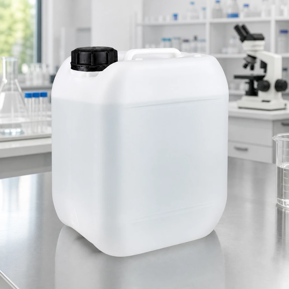 Jerrican de 5 litres avec bouchon à vis Bidon de laboratoire en PEHD de 5 litres avec bouchon à vis noir, posé sur une table en acier inoxydable dans un laboratoire