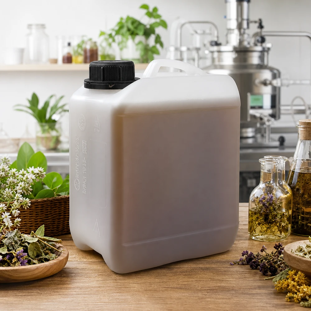 Bidon de 2.5 litres avec bouchon vissable bouchon d'inviolabilité Bidon d'aromathérapie blanc de 2,5 litres avec bouchon à vis, entouré d'herbes et d'huiles essentielles