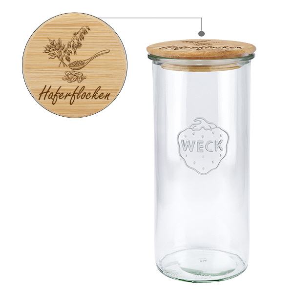 Holzdeckelset "Haferflocken" mit WECK Glas 1500ml Holzdeckelset "Haferflocken" mit WECK Glas 1500ml