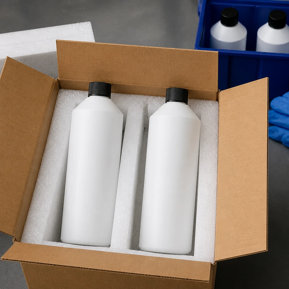 Flacon de pharmacie HDPE 250ml blanc avec bouchon vissable noir Bouteilles en PEHD de 250 ml, blanches avec un autocollant noir, emballées par paire dans une boîte d'expédition professionnelle