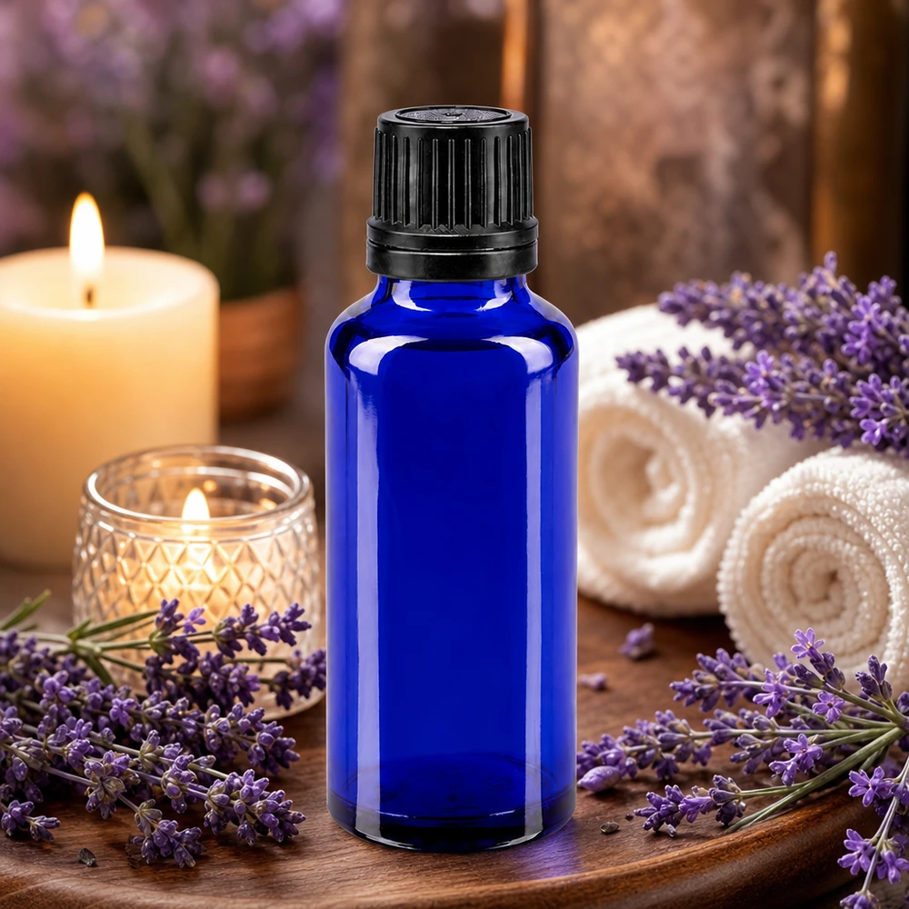 Apothekenflasche blau 30ml Schraubverschluss schwarz Giessring Originalitätsverschluss Aromatherapie Aufbewahrungsflasche Blauglas 30ml mit 8mm Hals und Sicherheitsverschluss