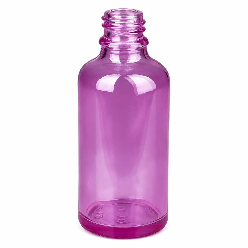 Bottiglia in vetro di alta qualità da 50 ml in colore viola con filettatura SV da 11 mm per un dosaggio sicuro.