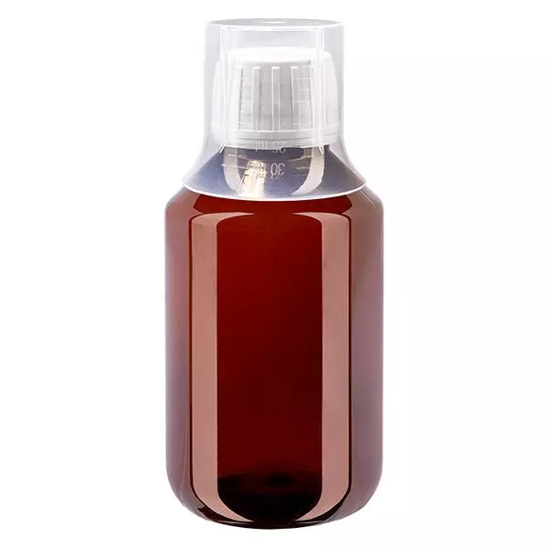 Flacon médical en PET brun avec bouchon blanc + gobelet doseur