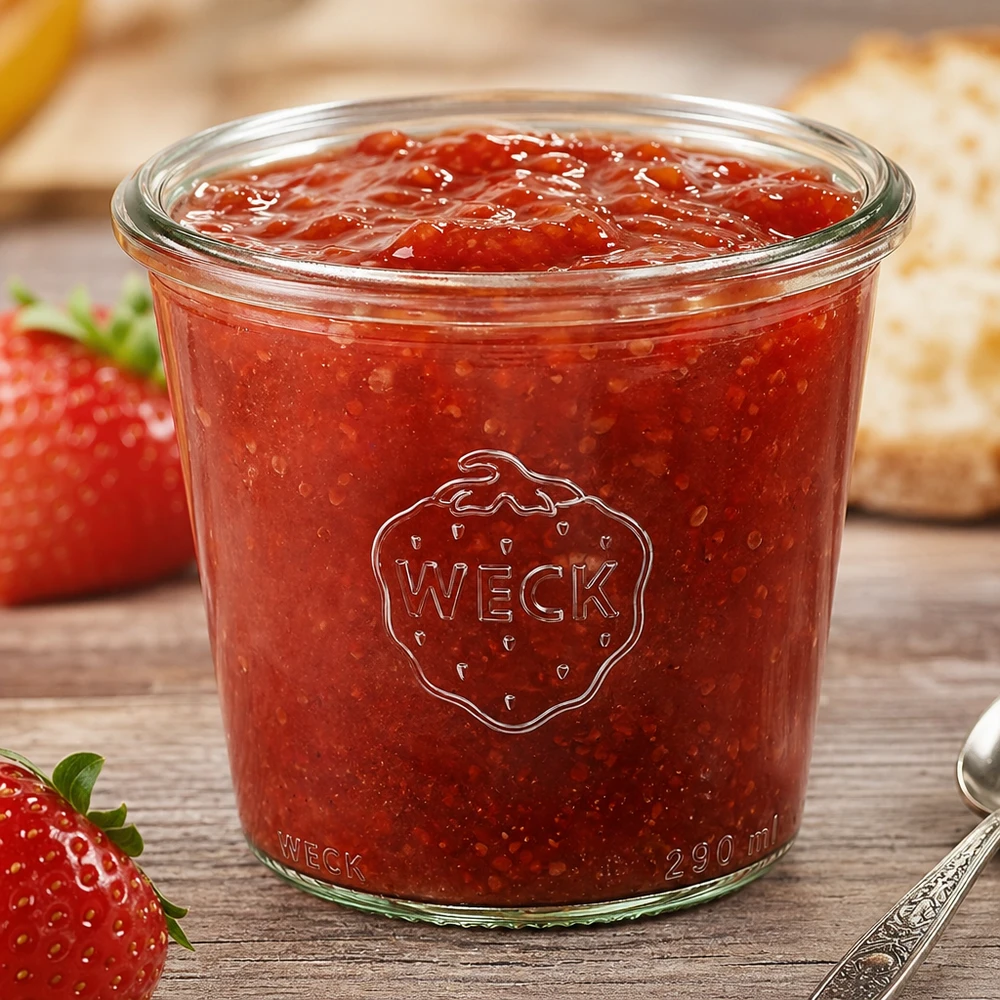 Vaso di vetro alto da 290 ml WECK RR80 Bicchieri WECK RR80 da 290 ml riempiti di marmellata di fragole accanto a fragole fresche su un tavolo di legno