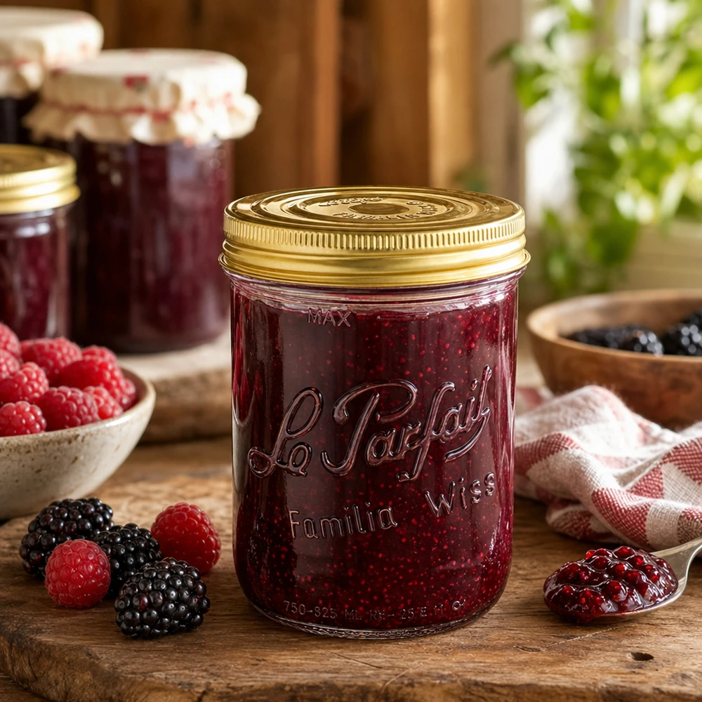 Le Parfait® Familia Wiss 1 kg Ø100 mm vaso Bicchieri Familia Wiss da 1020 ml con sistema di coperchi a 2 pezzi Le P riempiti di marmellata di frutti di bosco su un tavolo di legno