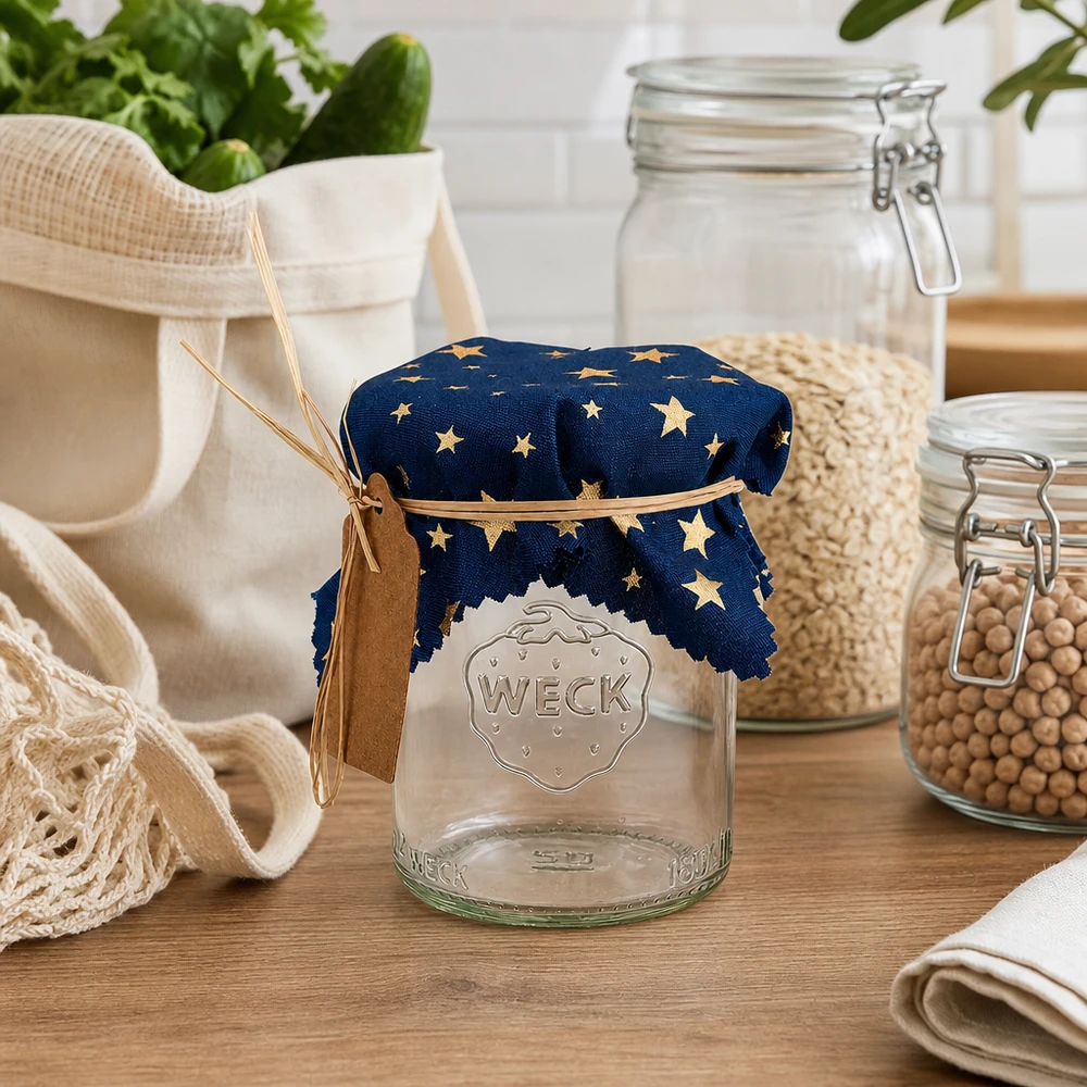 Centrino per gioielli in tessuto blu "stelle" 12cm quadrato Centrino decorativo blu con stelle dorate su un barattolo Weck in una scena di cucina rustica con barattoli di stoccaggio e tessuti