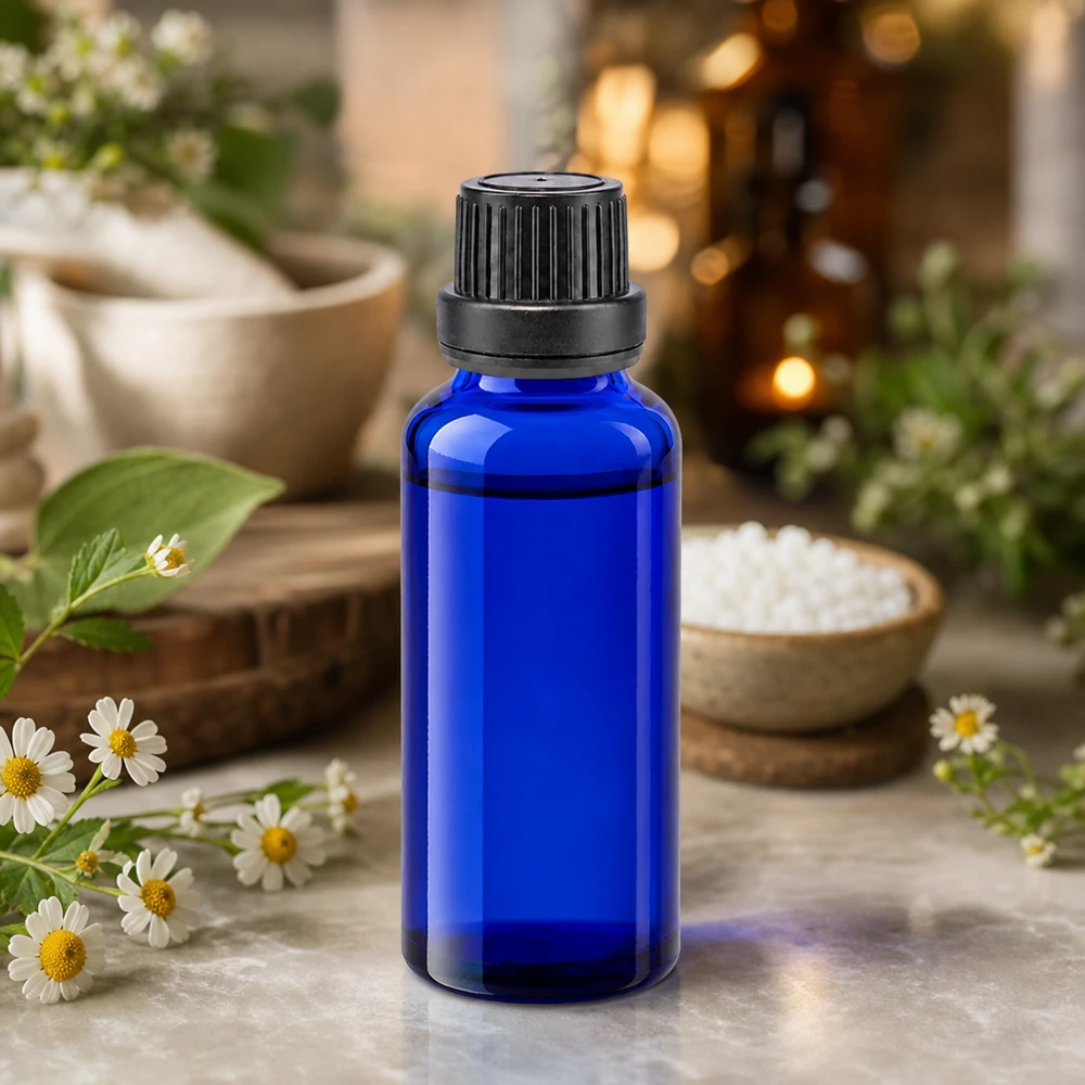 Apothekenflasche blau 30ml Schraubverschluss schwarz Dichteinlage Originalitätsverschluss Schlanke kobaltblaue Glasflasche 30ml mit geripptem Schwarzverschluss für homöopathische Tinkturen