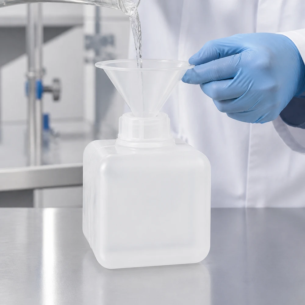 Flacon pour produits chimiques de 500 ml en PE-HD, à col étroit, de couleur naturelle, avec entonnoir de remplissage transparent intégré