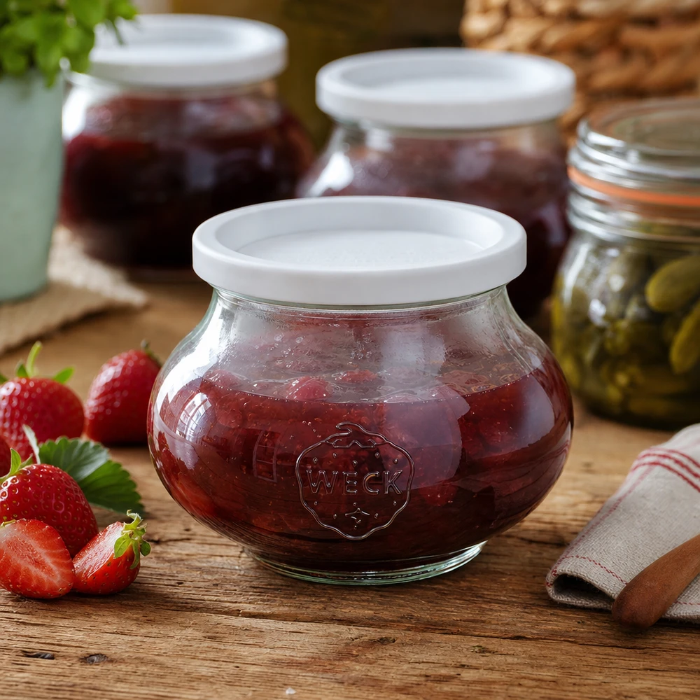Bocal décoratif de 560 ml avec couvercle hermétique WECK RR80 WECK Einmachglas 560ml RR80 gefüllt mit Erdbeermarmelade neben frischen Erdbeeren auf Holztisch in Küche