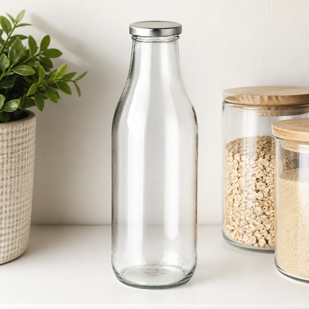 Bottiglia di vetro da 1000 ml + coperchio BasicSeal argento UN.. Bottiglia in vetro da 1000 ml con coperchio BasicSeal argento accanto a barattoli per cereali e piante Organizzazione moderna della cucina