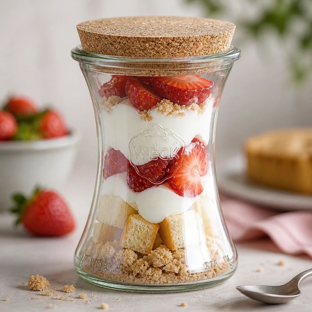 Vasetto da 370 ml WECK RR80 con tappo in sughero naturale Vaso WECK 370ml RR80 come coppa da dessert riempita con un dessert a strati di fragole, yogurt e briciole di biscotto