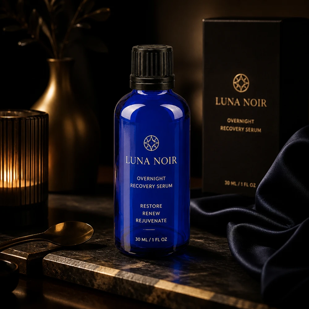 Apothekenflasche blau 50ml Schraubverschluss schwarz Giessring Originalitätsverschluss 50ml blaue GR OV Flasche ApoGlas in Premium-Produktinszenierung mit Kerzenlicht und Seidenstoff