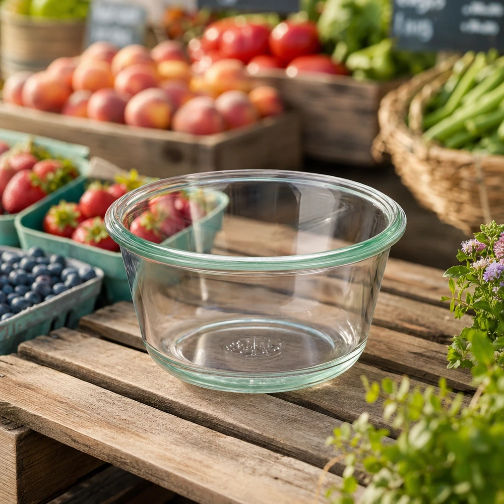 Vasetto gourmet da 290 ml WECK RR100 WECK RR100 290ml vaso gourmet vuoto su tavolo di legno con frutta e verdura fresche sullo sfondo per la conservazione