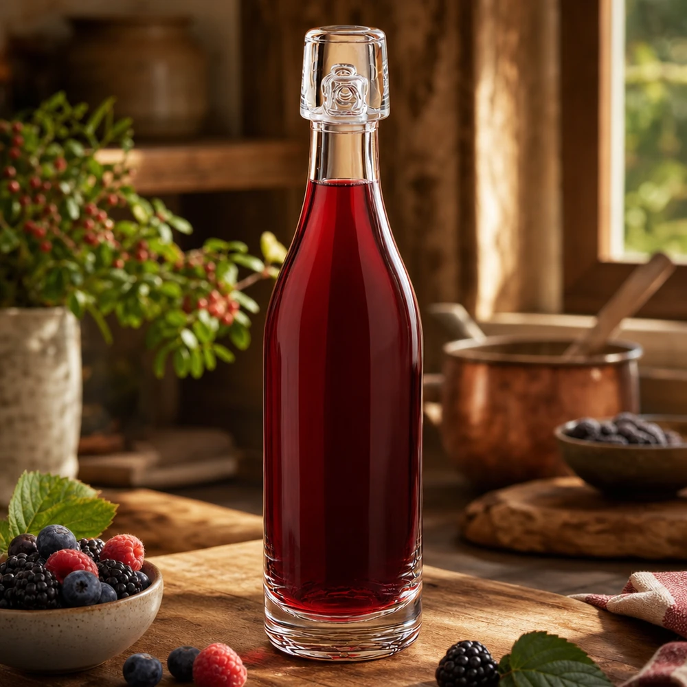 Bottiglia di vetro da 50 ml di UNiTWIST riempita di succo di bacche rosse accanto a bacche fresche su un tavolo da cucina in legno rustico
