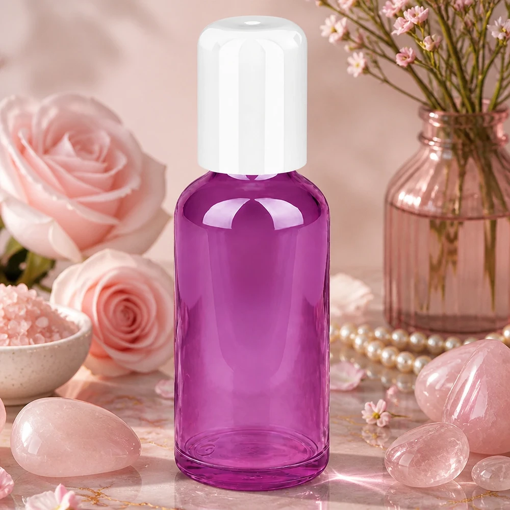 Flacone roll-on da 50 ml di alta qualità, di colore viola, per conservare a lungo i liquidi.