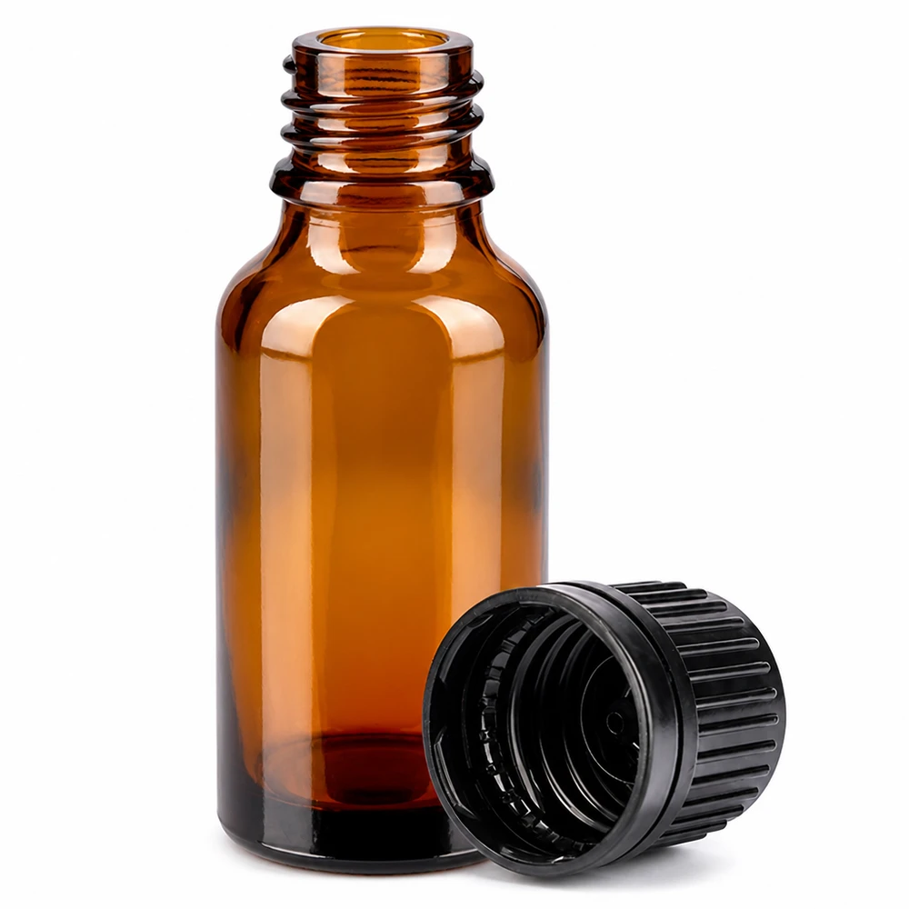 Flacone in vetro ambrato da 20 ml con robusto tappo SV, ideale per sostanze sensibili alla luce