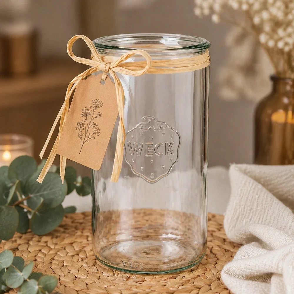 Barattolo cilindrico in vetro WECK RR100 da 1590 ml WECK RR100 vaso cilindrico 1590ml vuoto con etichetta e fiocco decorato come regalo su un sottobicchiere di sughero