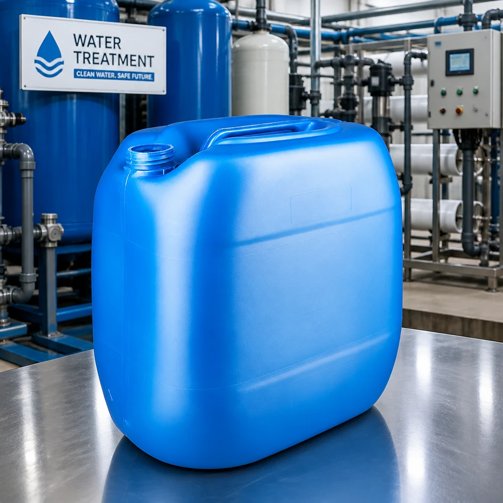Bidon 30 litres bleu sans bouchon Bidon bleu de 30 litres sans bouchon dans une station de traitement de l'eau destinée à des applications chimiques