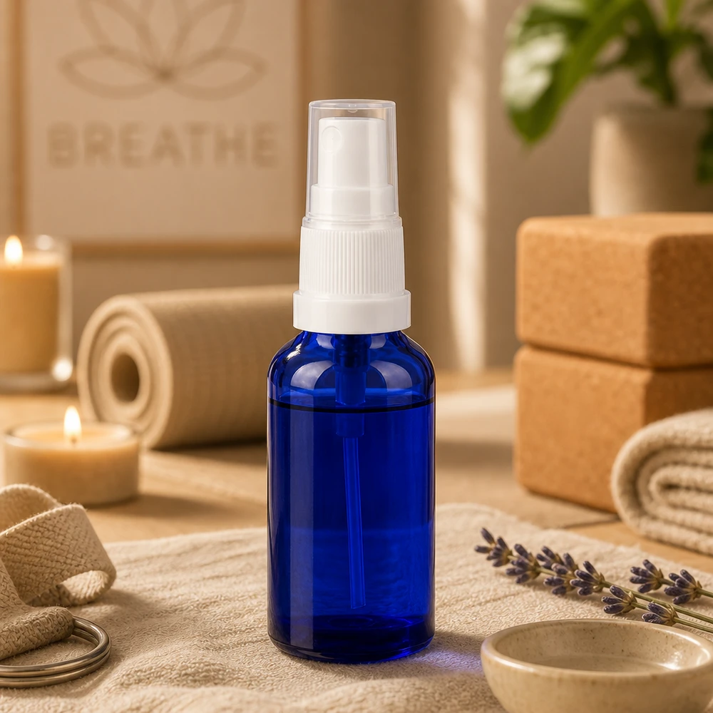 Robusto flacone spray da 30 ml in vetro blu con spruzzatore a pompa bianco per uso quotidiano